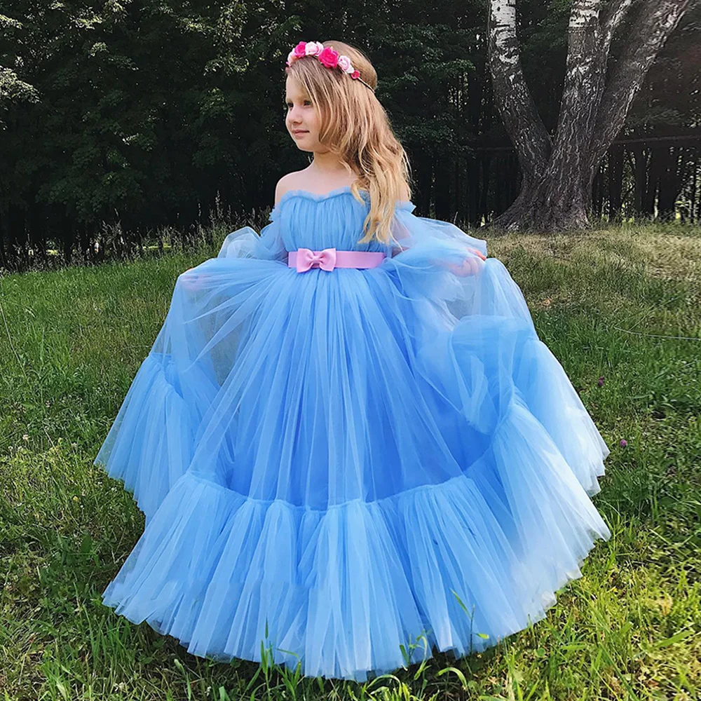 Robe de princesse en Tulle doux pour filles, tenue de soirée, longue, à manches bouffantes, motif floral, bleu ciel