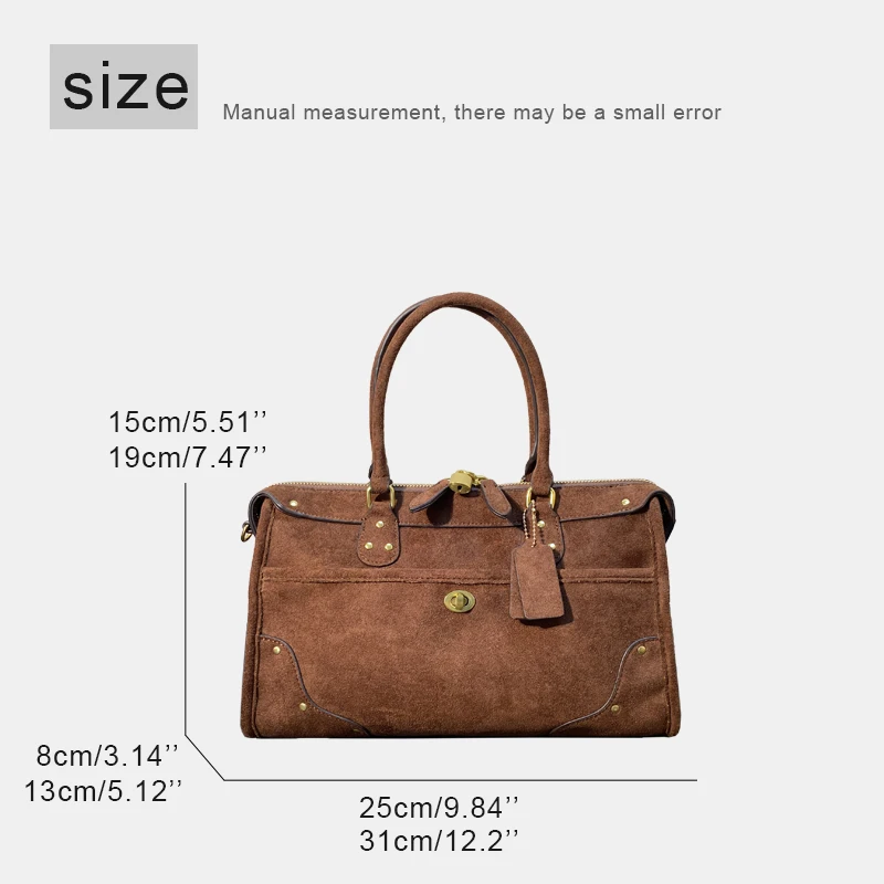 Vintage Faux Suede Boston Bags For Women Luxury Designer Handbag And Purse 2026 New In Riveted Lock Top Handle Underarm Shoulder