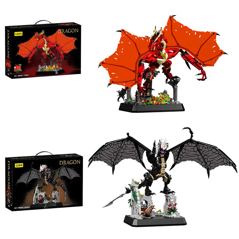 

MOC Evil Dragon Beast Castle Ruins Scene Building Blocks Magic Animal Rings Dragon with Soft Wings Bricks Toys Kids Adults Gifts