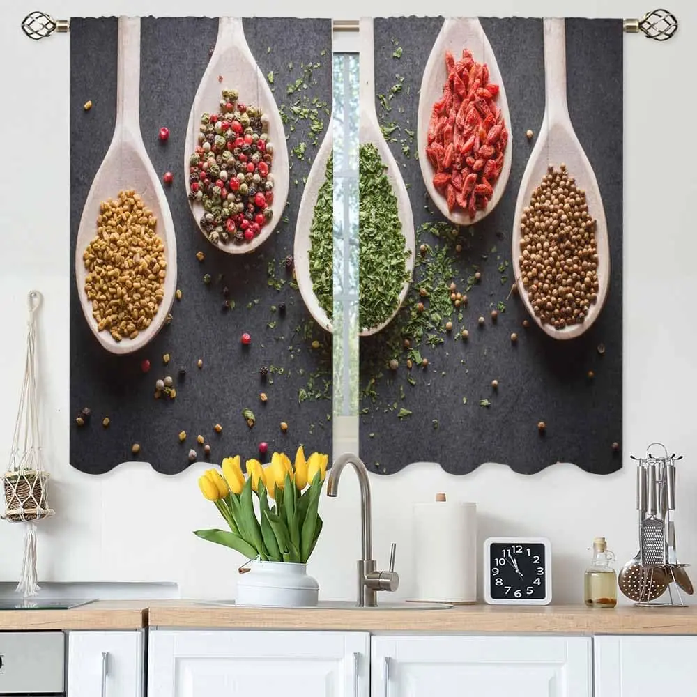 Spices Kitchen Curtains Wooden Spoons Seasoning Pepper Parsley Coriander Wolfberry Short Tier Curtains for Bathroom Cafe Small