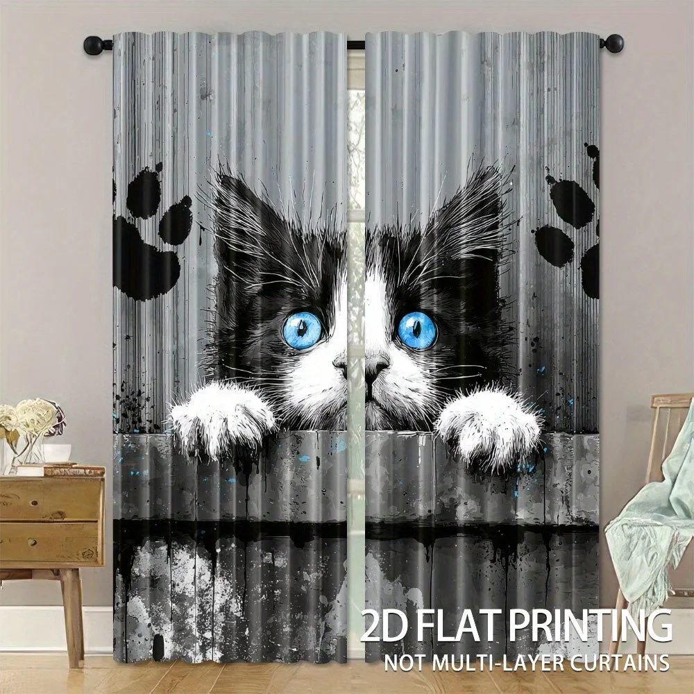 Cute Peeking Cat Blackout Rod Pocket Curtain Blue Eyed Tuxedo Cat Paw Splash Ink Decor Pet Cafe Homestay Rest Bay Window