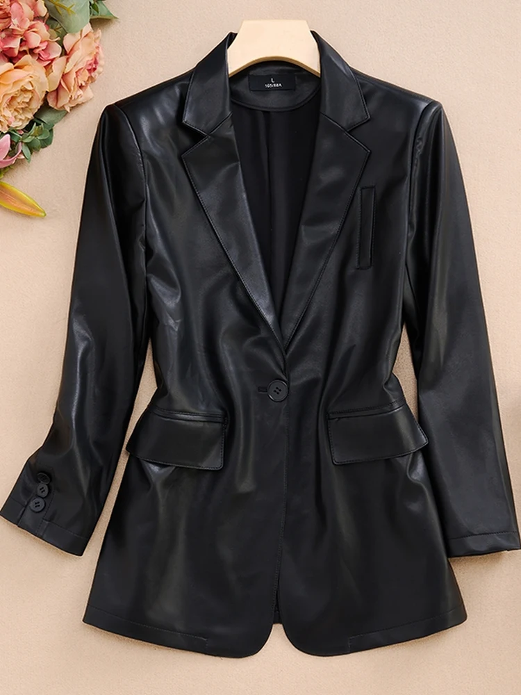 Modna kurtka damska z krótkim rękawem ze skóry PU, wiatroodporna, wodoodporna, w dużych rozmiarach, codzienna, zapinana na guziki, z detalami z materiału.