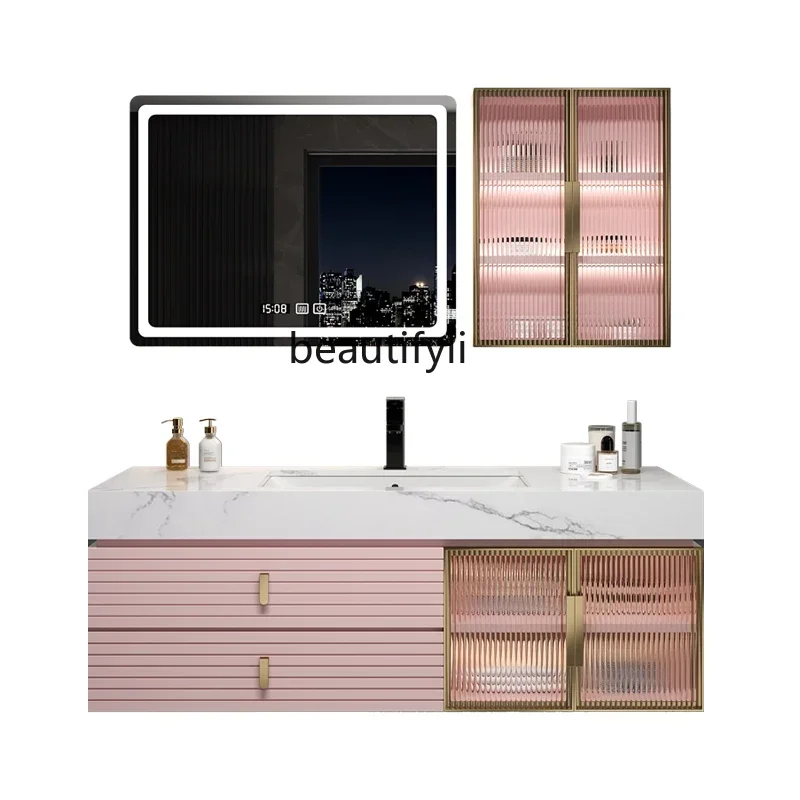 

Light Luxury Bathroom Cabinet Combination Stone Plate Whole Washbin Washstand Wall Cupboard Bathroom Solid Wood Cabinet