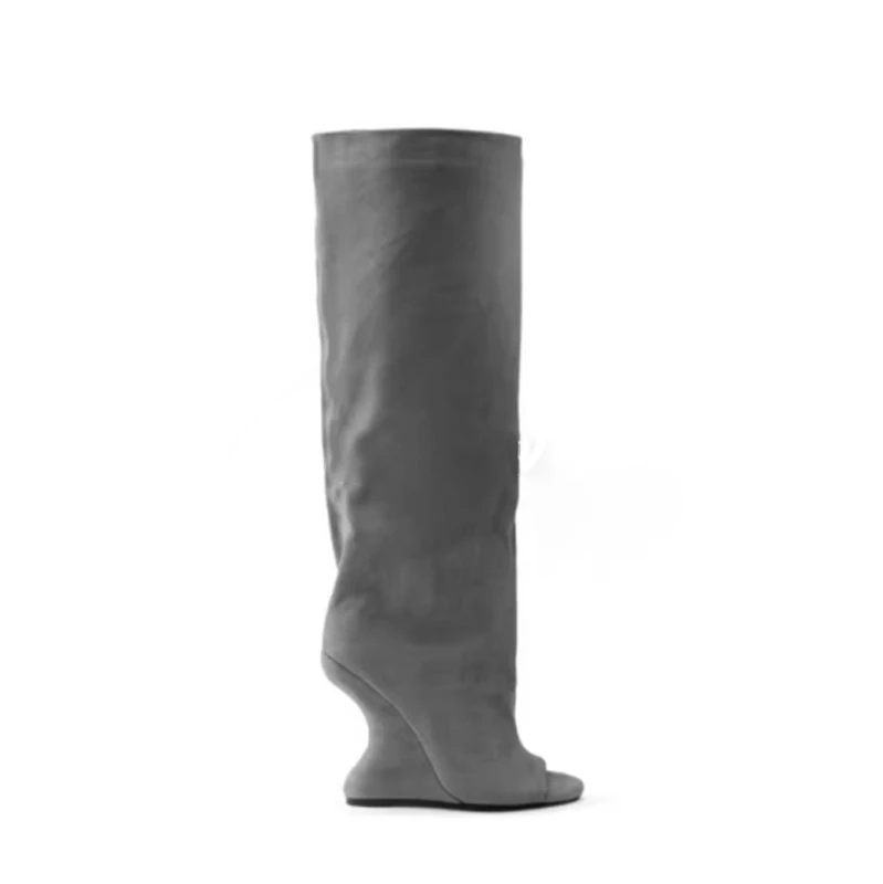Women's Suede Wedge Heel Knee-High Boots Unique Sculpted Heel with Open Toe Edgy Statement Footwear for Street Style and Avant