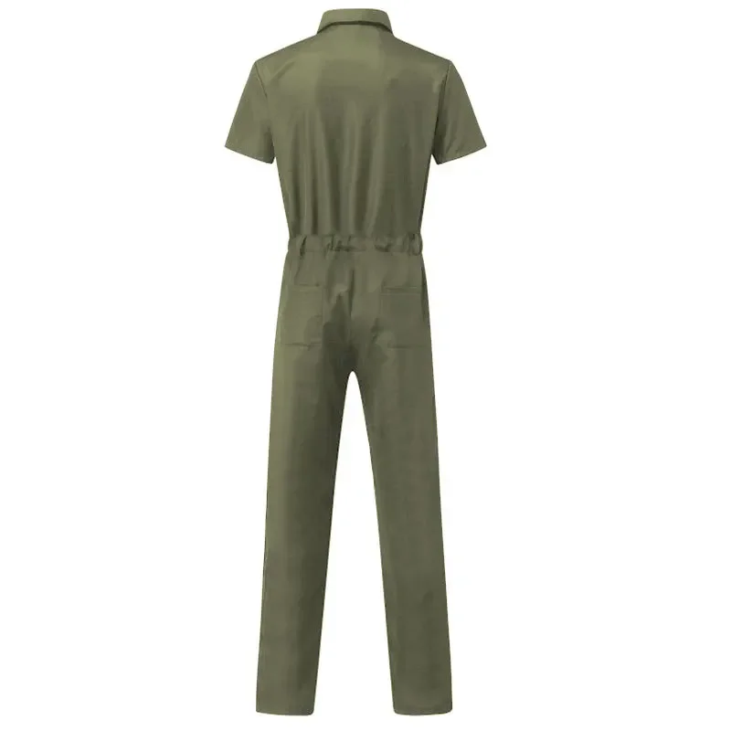 Summer Solid Color Men\'s Sets Safari Style  Turndown Collar Short Sleeved Jumpsuit Zipper Casual Pants