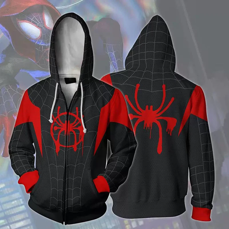 Superhero Spider Print Zipper Hoodies Miles Morales Men Women Sportswear 3D Hooded Boy Girl Fashion Casual Jacket School Uniform