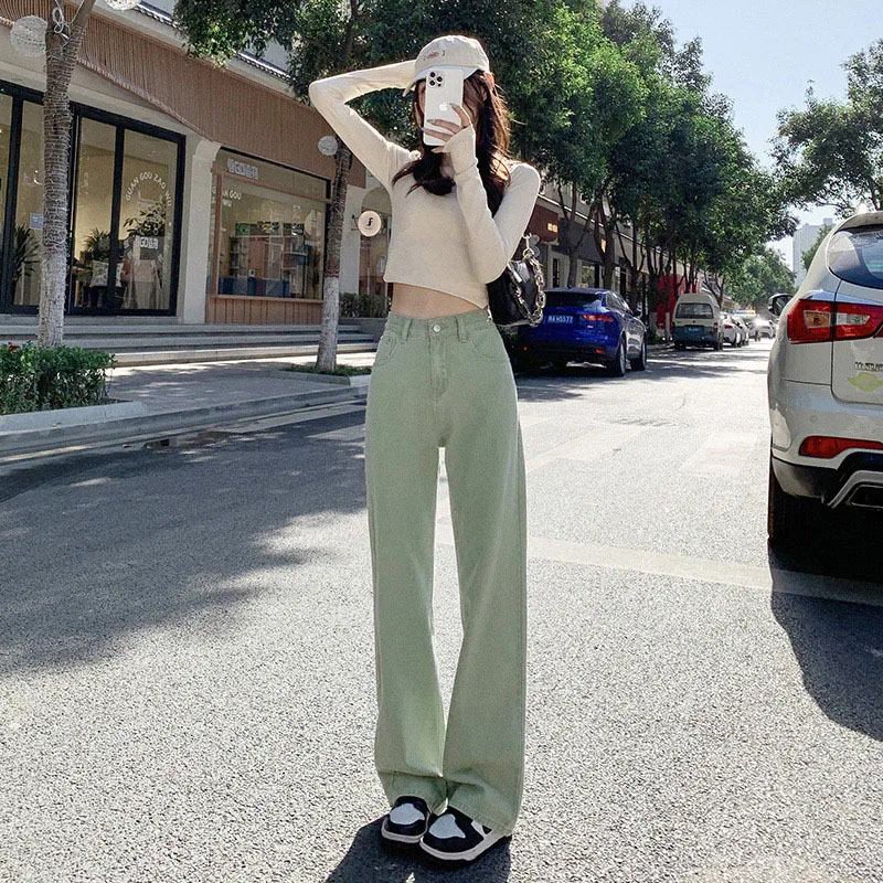 Mint Green High Waist Wide Leg Jeans Summer Y2k Women\'s Jeans Cotton Elastic Loose Mopping Straight Trousers Skinny femme