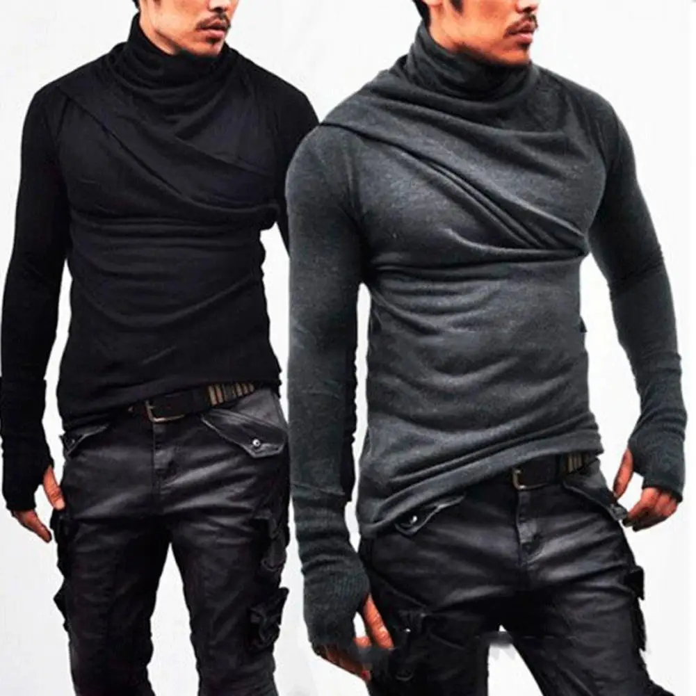 Men Turtleneck Mittens Long Sleeve T-shirt Men Fashion Casual Tee Gloves Male Slim Fit Punk Costume Clothing Top Coats