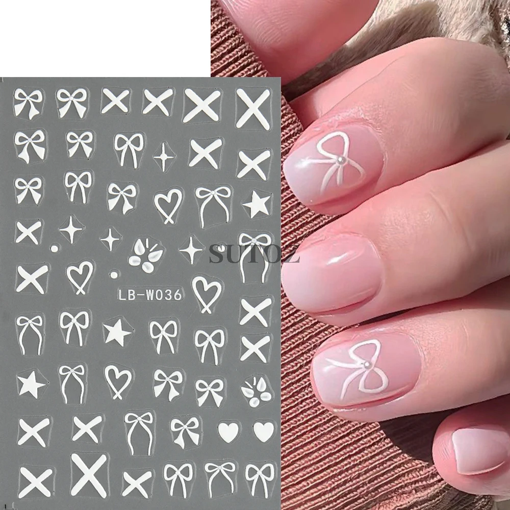 5D Bowknot Nail Stickers Red White Pink Ribbons Heart Letters Nail Decals Y2K Nail Charms Design Manicure Deco Sliders NLLB-W037