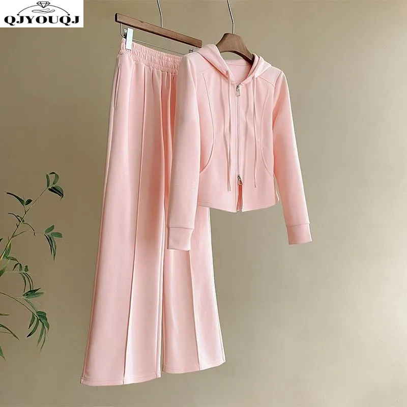Autumn new fashionable small fragrant style hooded top+high waist wide leg pants casual sports two-piece set