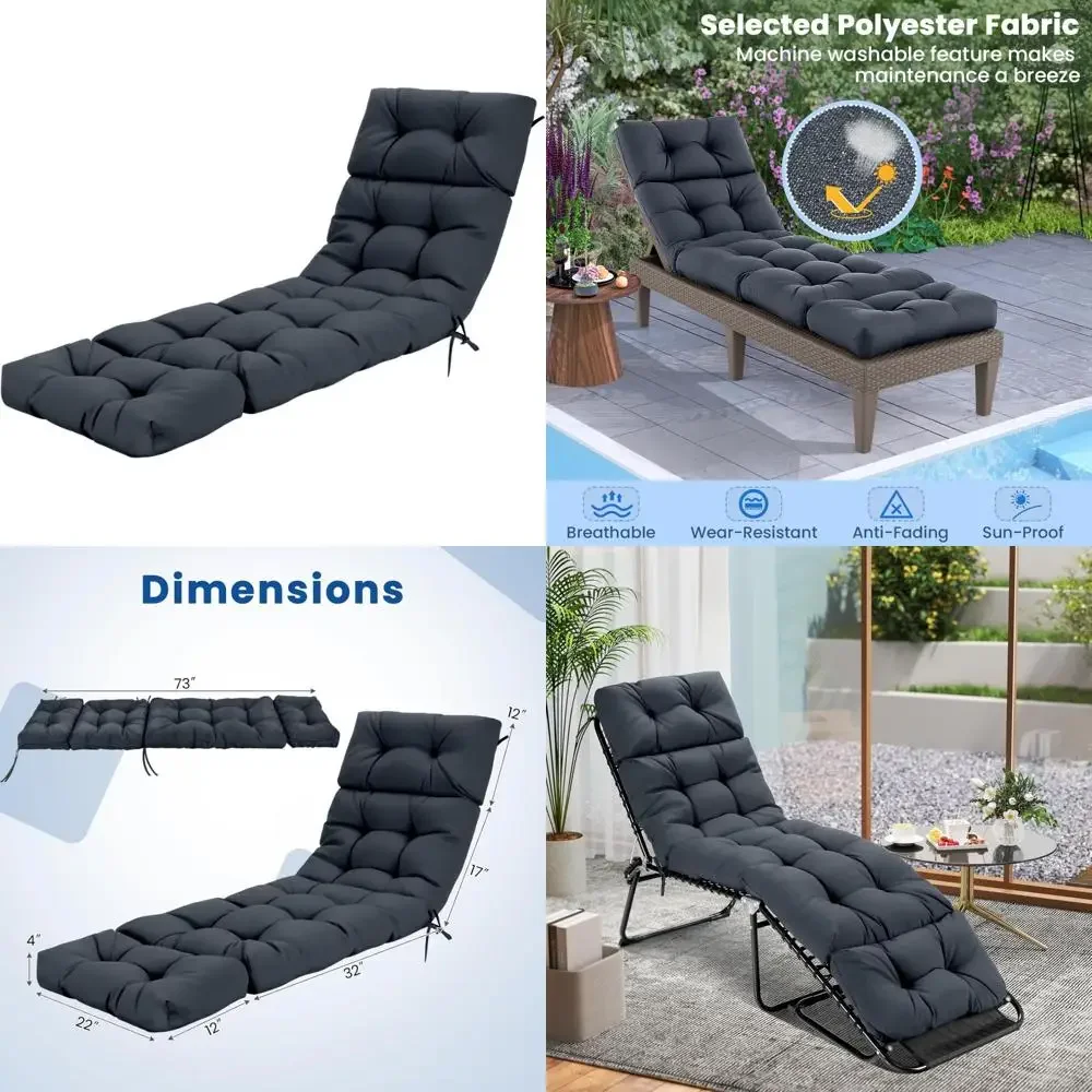 

Outdoor High Back Recliner Cushion, 73x22 Inch Patio Lounge Cushion with 4 Ties, 4-Inch Thick Padded Seat