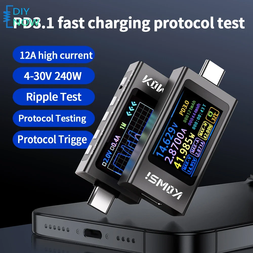 USB-Leistungsmesser Typ C Spannungs- und Strommessgerät mit HD IPS-Display Schnelllade-Trigger-Messgerät für Mobile Geräte