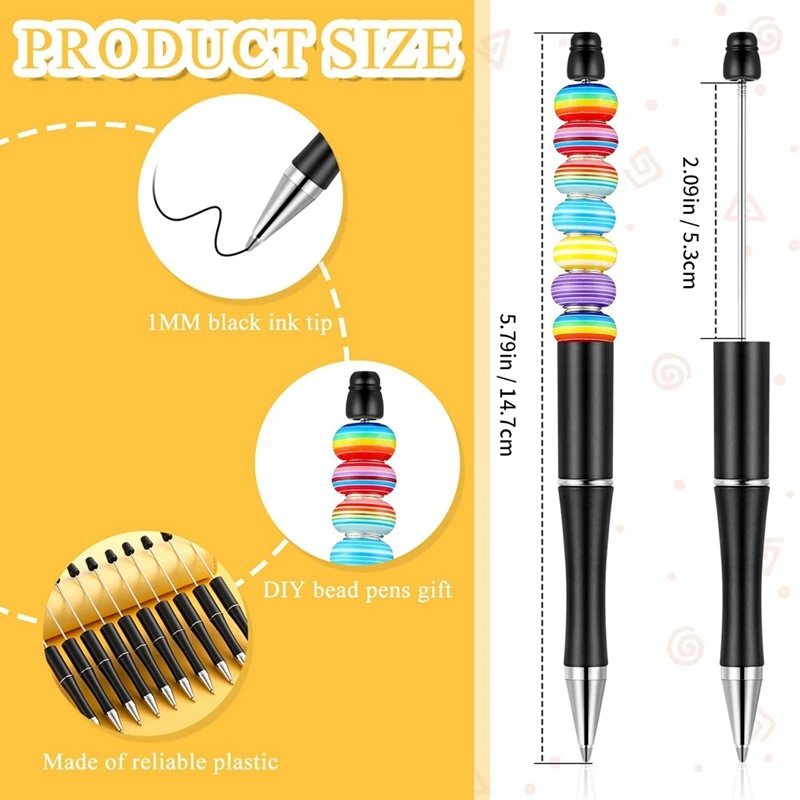 50Pcs Plastic Beadable Pen Shaft Black Ink Beaded Pens With 50 Refills For DIY Making Gift Black