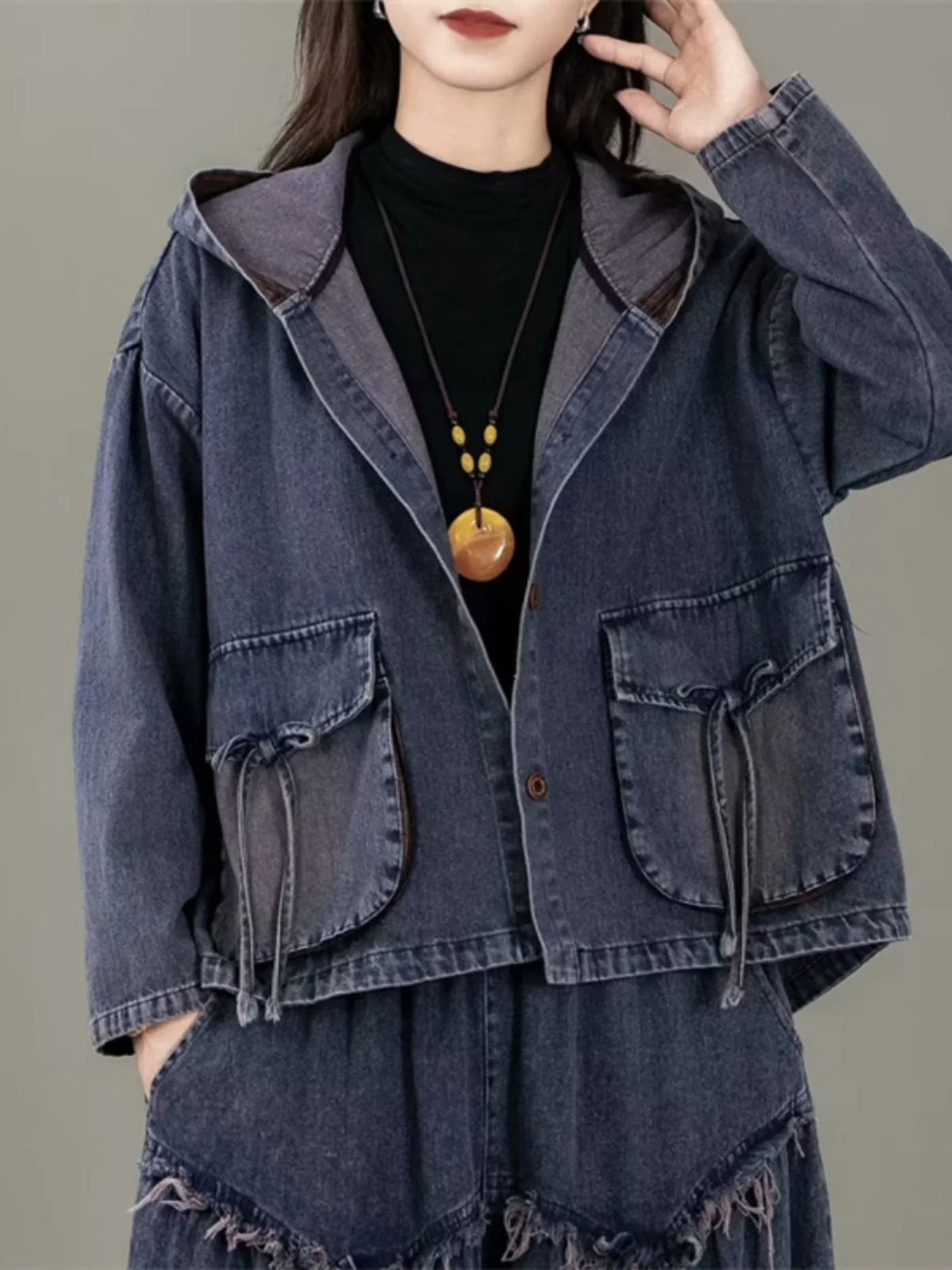 2024 Autumn New Solid Color Pocket Tassel Hooded Jacket + Elastic High Waisted Jeans Two Piece Set Women Outfit ZF200