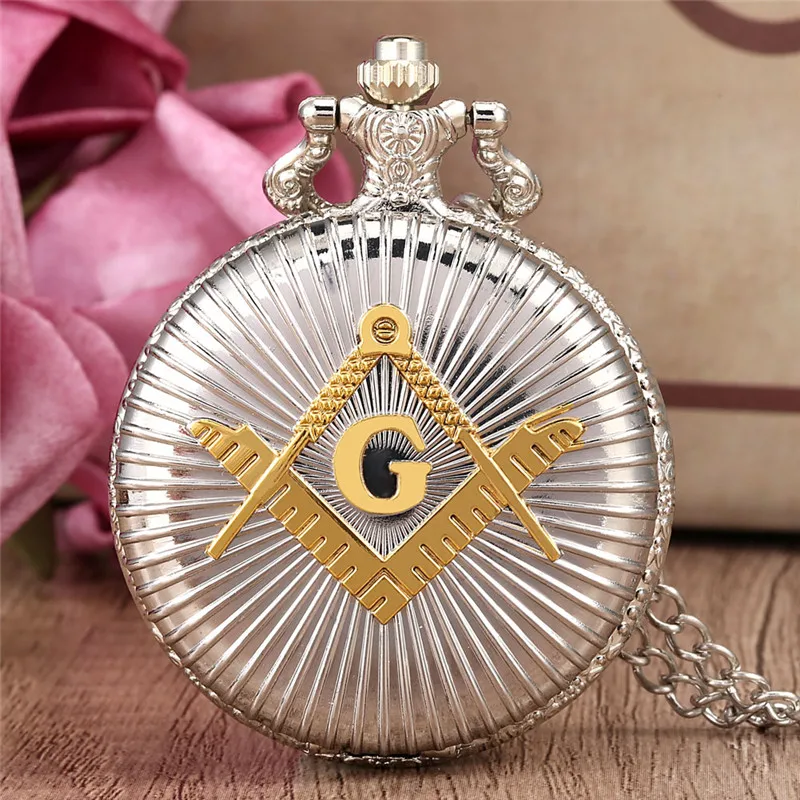 Silver Freemasons G Design Full Hunter Masonic Quartz Pocket Watch for Men Women Sweater Chain Collectable Timepiece Reloj Gift