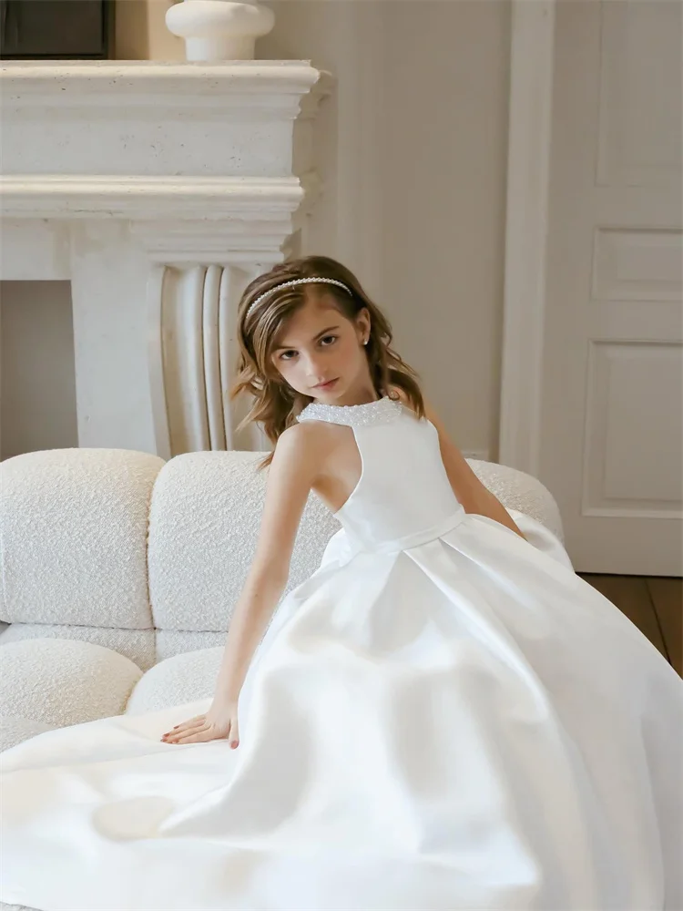 New Arrival Halter Neckline Sleeveless Satin A-Line Flower Girl Dress Elegant Open Back Zipper Floor Length Sweep Train Gown