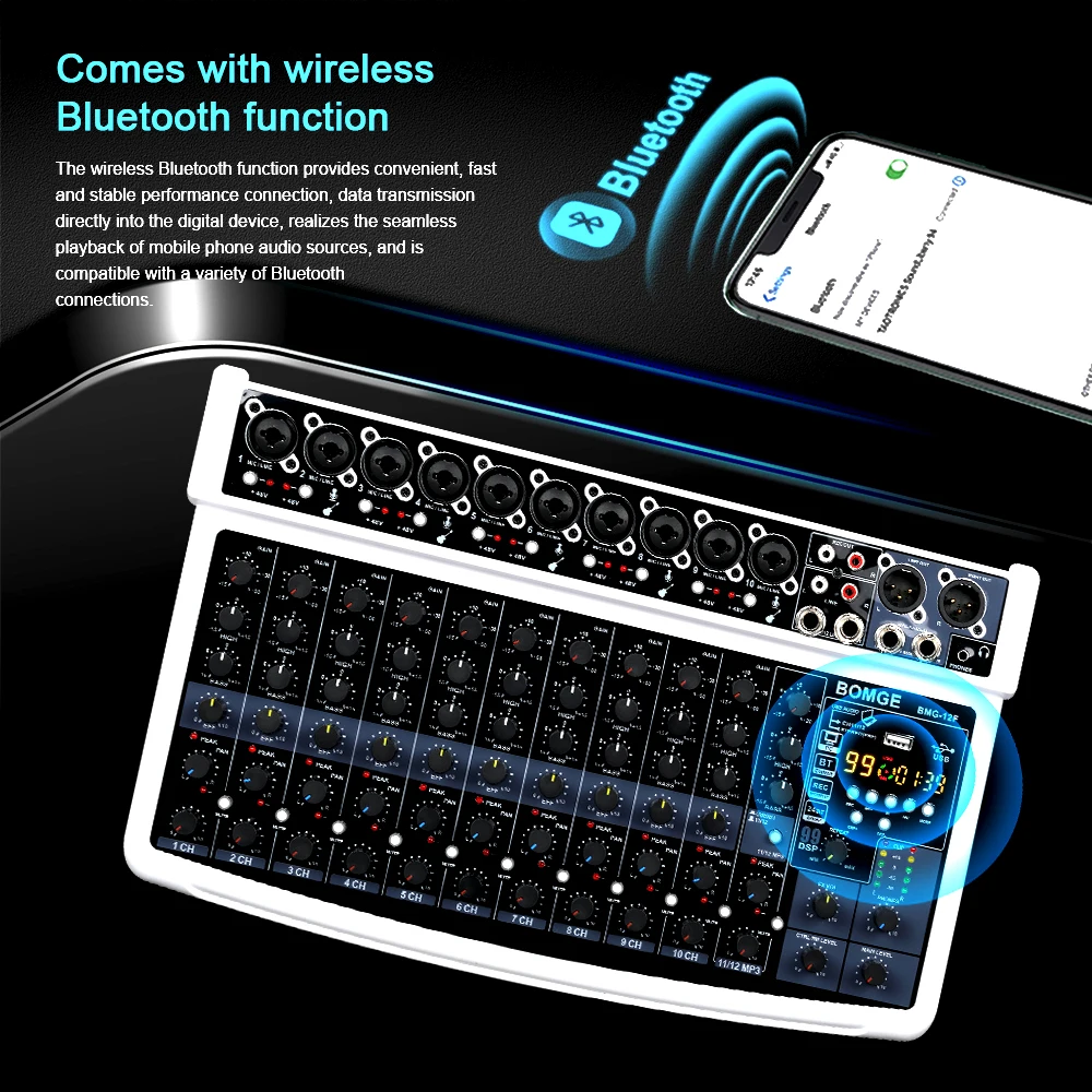 جهاز مزج الصوت الاحترافي BOMGE ذو 12 قناة، RCA، مقبس ميكروفون XLR، طاقة 48 فولت، 99 DSP للمحترفين والمبتدئين #2