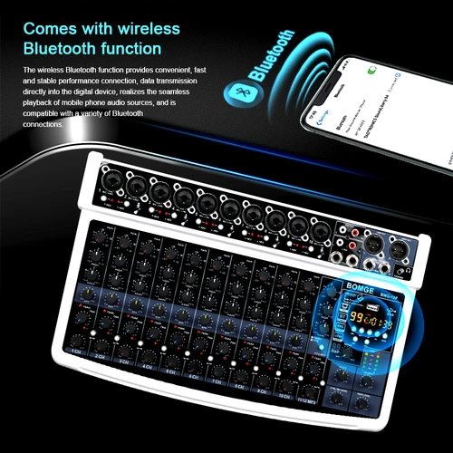 Imagen 2 del producto BOMGE Mezclador de audio profesional de 12 canales, RCA, conector de micrófono XLR, alimentación de 48 V, 99 DSP para profesionales y principiantes