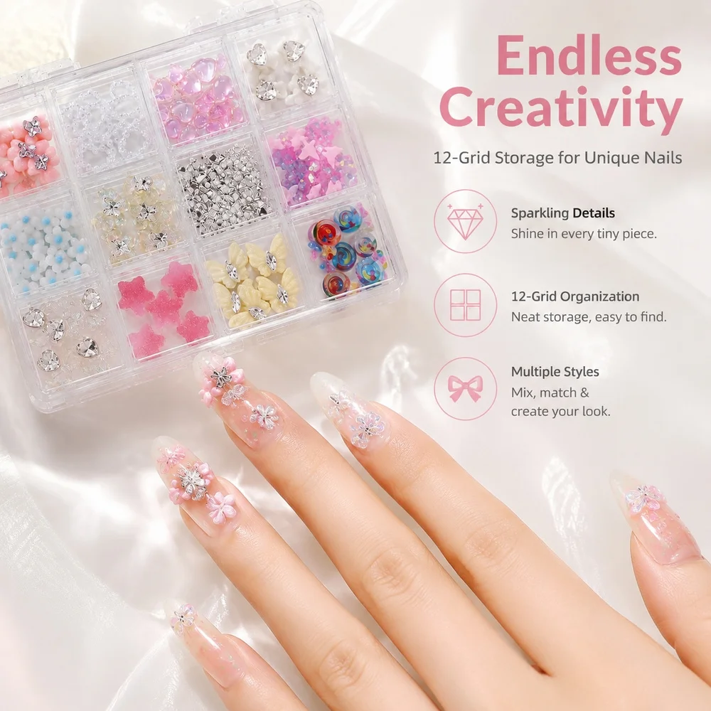 12Grids Pastel Kawaii Nail Charms Kit 3D Resin Bow Candy Heart Star Rhinestone Ornaments Holiday Party Manicure Decor Supplies