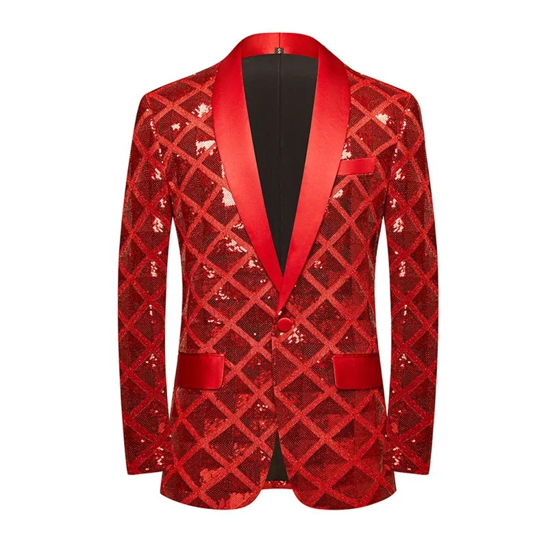 Fashion Singer Luxury Sequin Suit One Button Jacket Blue / Red / Silver Men Dance Party Bar KTV Trend Casual Large Plaid Blazers