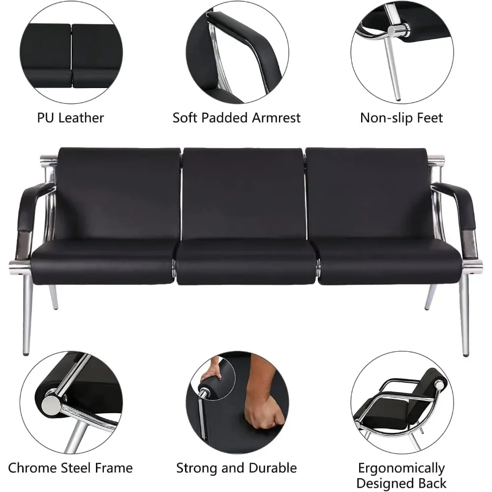 Waiting Room Bench with Armrests and PU Leather Cushion Reception Furniture for Waiting Room Airport Bank Lobby, Waitings Bench