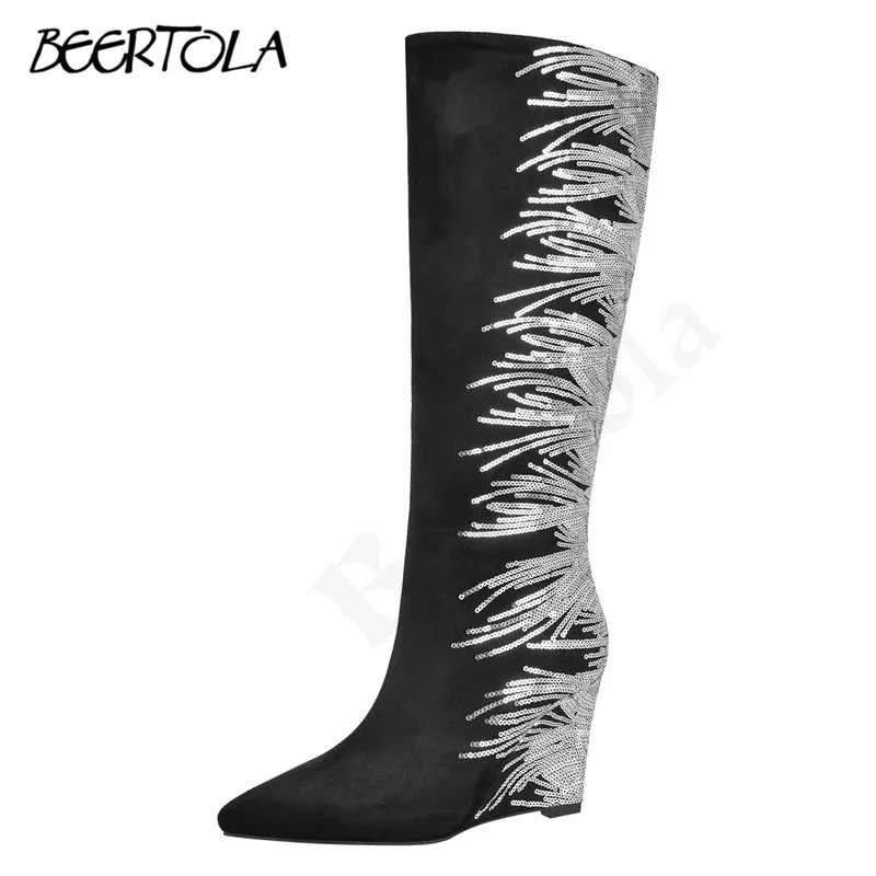 

Women's Pointed Sequined Tassel Knee-High Boots Black Wedge Heel High-Top Large Size Fashion Shoes Personality Casual Boots