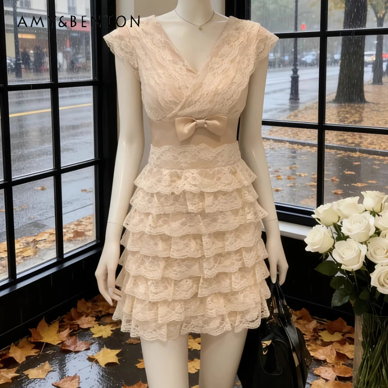 

Sexy Temperament V-neck Lace Hollow Out Splicing Women's Dress 2026 Summer New Design Sweet Bow Sleeveless Cake Dresses Ladies