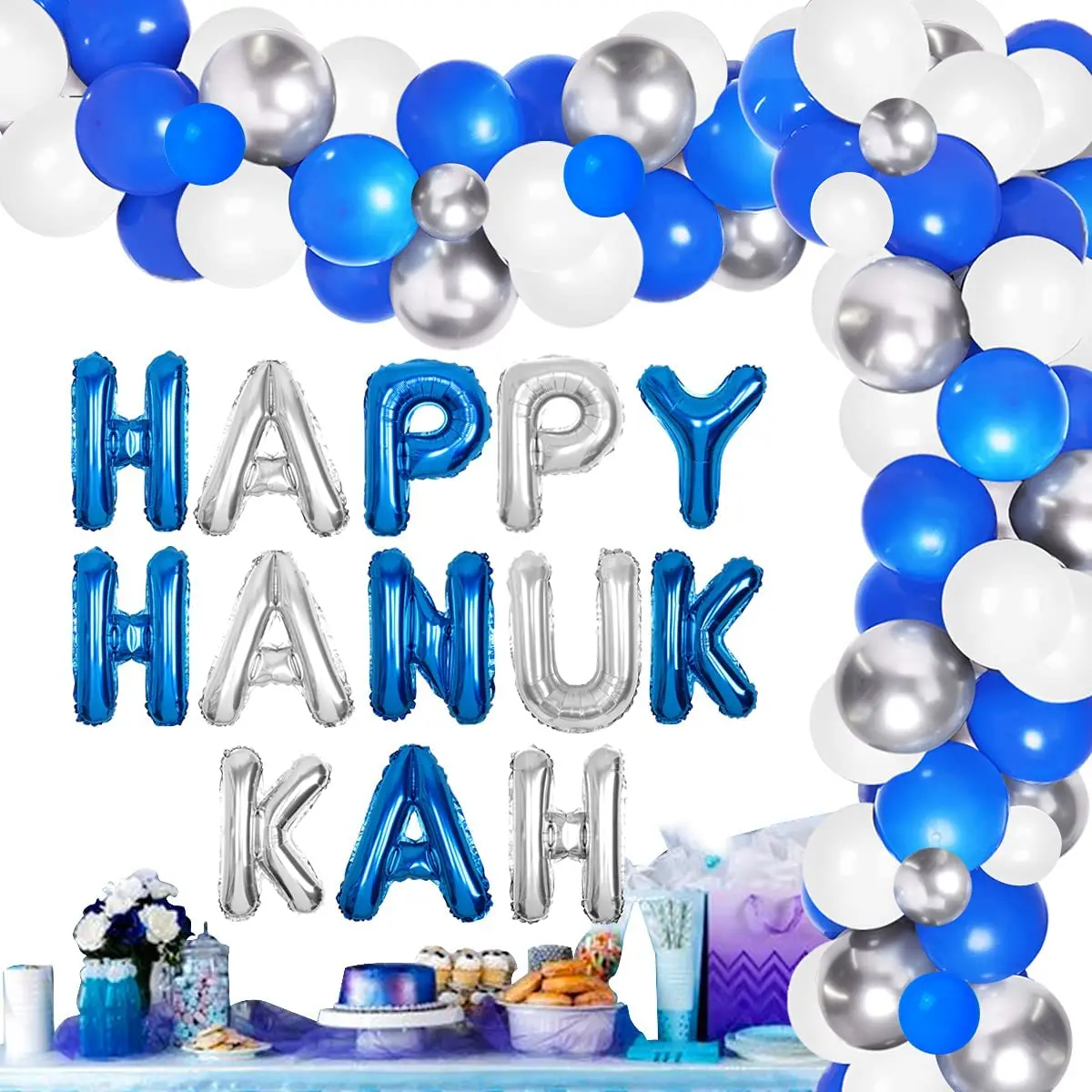 JOYMEMO Happy Hanukkah Decorations Blue Sliver Balloon Garland Kit HAPPY HANUKKAH Banner for Jewish Holiday Chanukah Decor