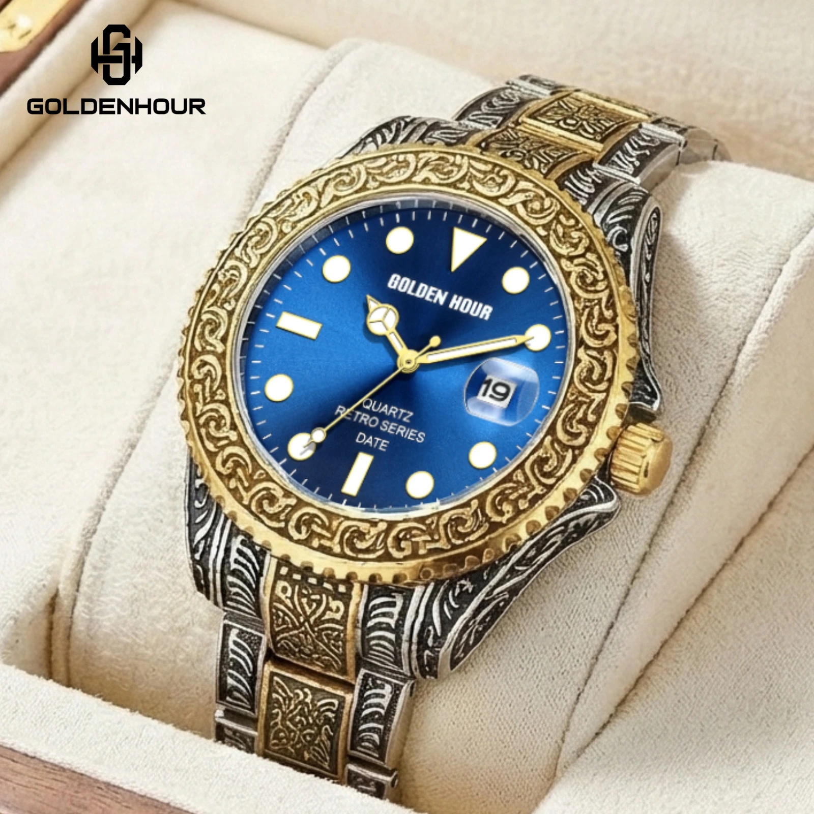 Herren Business Klassische Blaue Zifferblatt Quarzuhr Edelstahlarmband Chronograph Kalender Wasserdicht Leuchtend Modische Armbanduhr