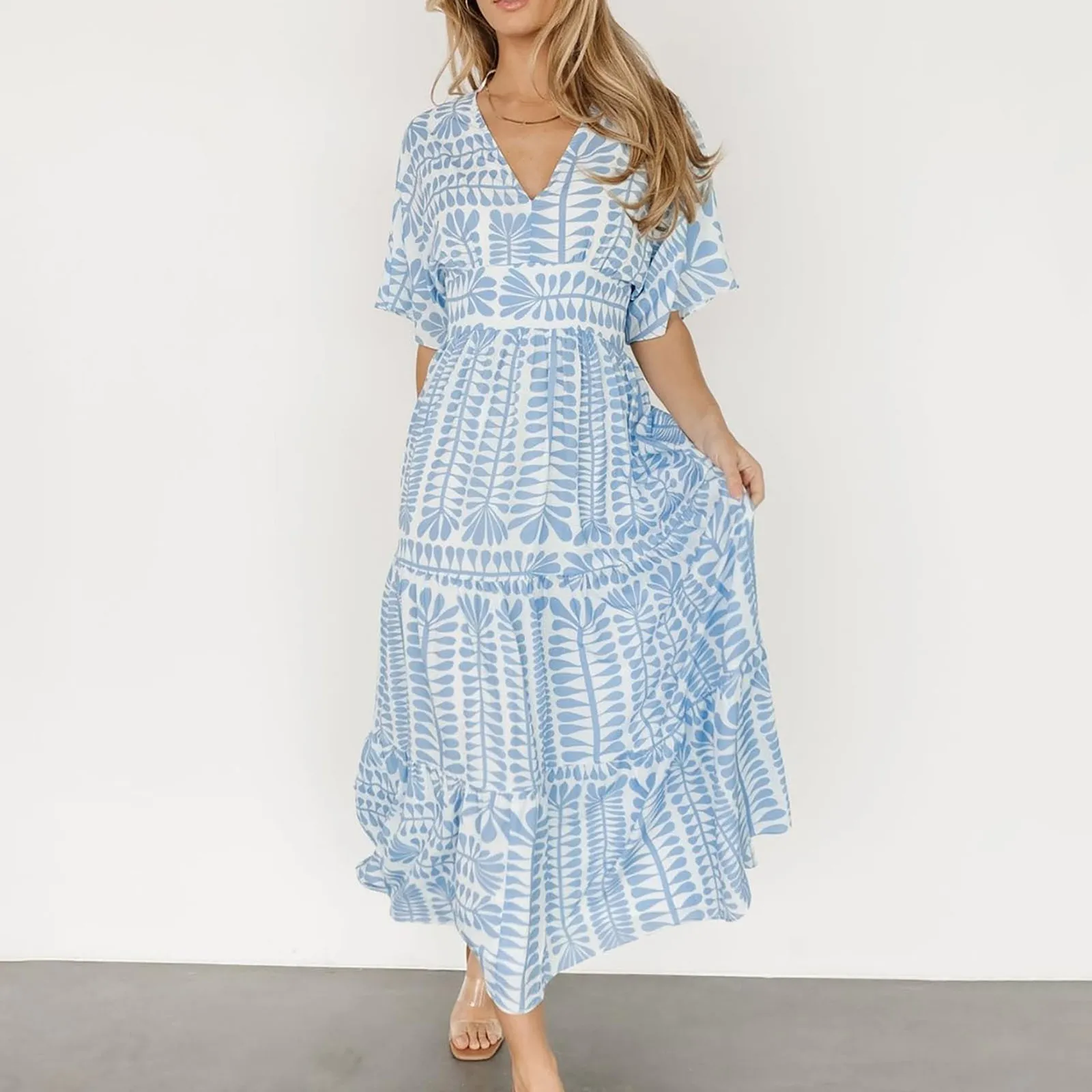 

Women Casual Boho Style Loose Dress Elegant Printed Pleated V-Neck Short Sleeve Dresses For Beach Party Streetwear