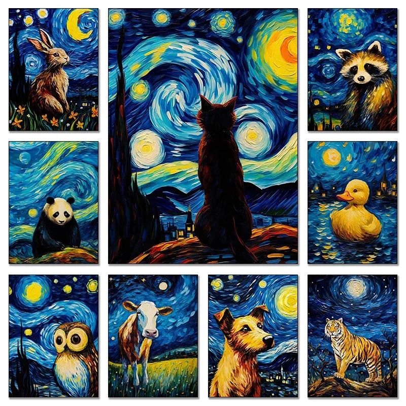 Pósteres de Animales con Diseños Divertidos de Perros, Tigres, Gatos, Pandas y la Noche Estrellada de Van Gogh, Impresiones Abstractas en Diamante, Arte de Pared para Decoración del Hogar