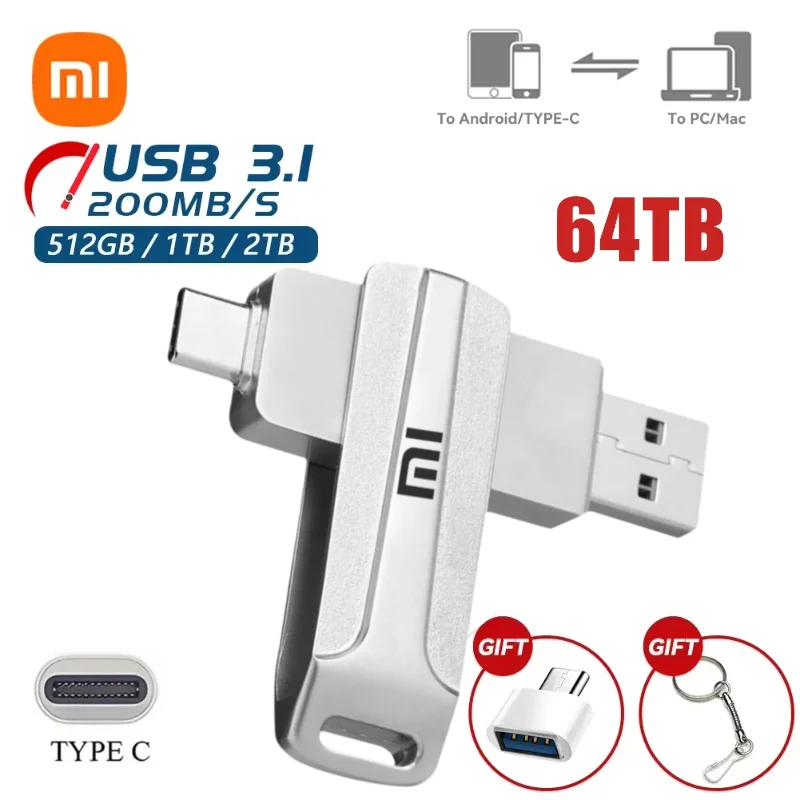 Original Xiaomi 64TB USB Flash Drive Metal Real Capacity 32TB 16TB 4TB Memory Stick High Speed Pendrive Storage Pen Drive For PC