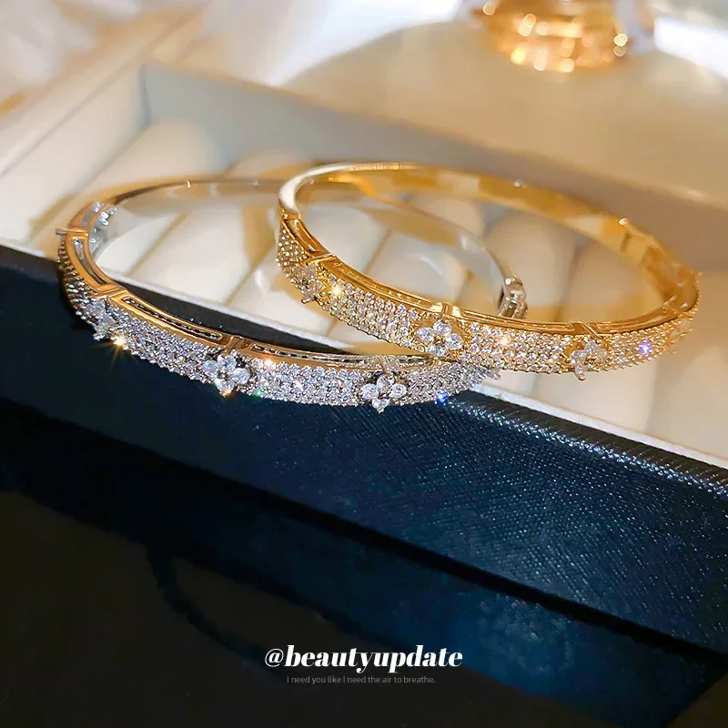 Luxury Shiny Cubic Zirconia Embellished Gold Silver Plated Fashion Bangle Bracelets for Women Party Wedding Daily Wear Jewelry