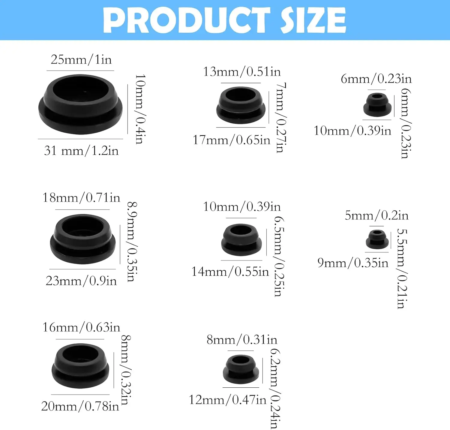 125Pcs Black Silicone Rubber Plug Assortment Kit Various Size Hole Caps for Car Wiring Furniture and Tool Protection