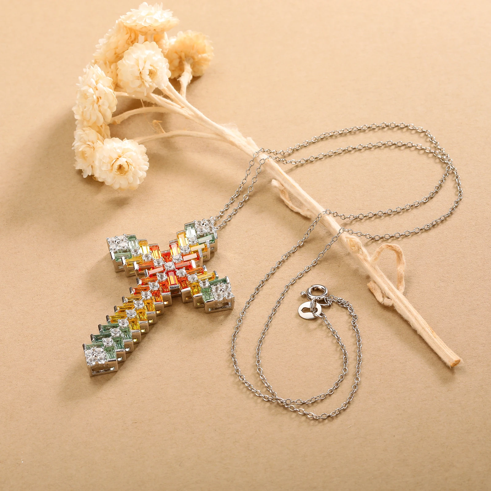 GZ ZONGFA 925 Sterling Silver Colorful Cross Necklace for Women 6.5ct Created Colorful Gemstone Sapphire Necklaces Fine Jewelry