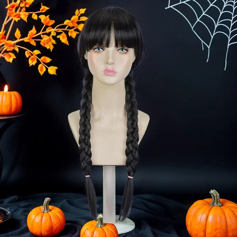 Double Ponytail Braided Wig For Wednesday Wigs Halloween Gothic Costume Braids Anime Double Black synthetic Braided With Bangs image 5