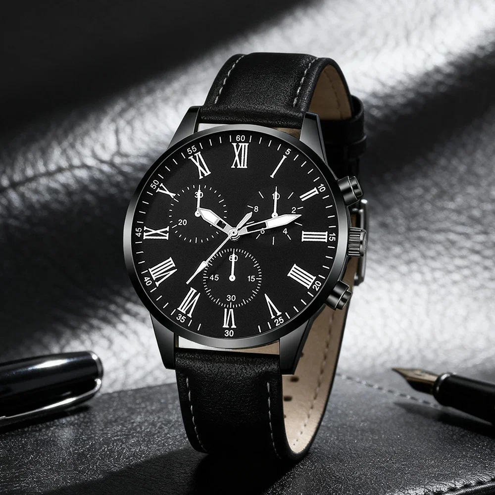 4PCS Men's Business Watch Fashion Leather Strap Simulation Quartz Watch Fashion Necklace Bracelet Ring Set