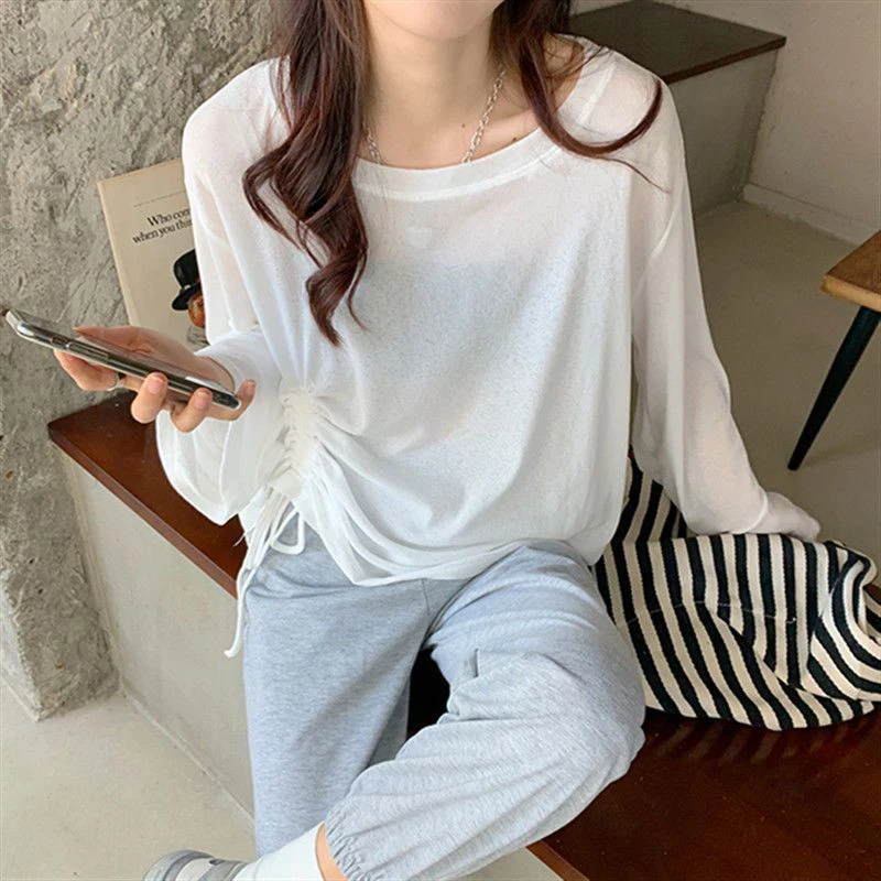Fall Ice Silk Women O Neck Long Sleeve T Shirt Drawstring Fashion Casual 2xl Oversized Breathable Thin Sun Protection Tops White