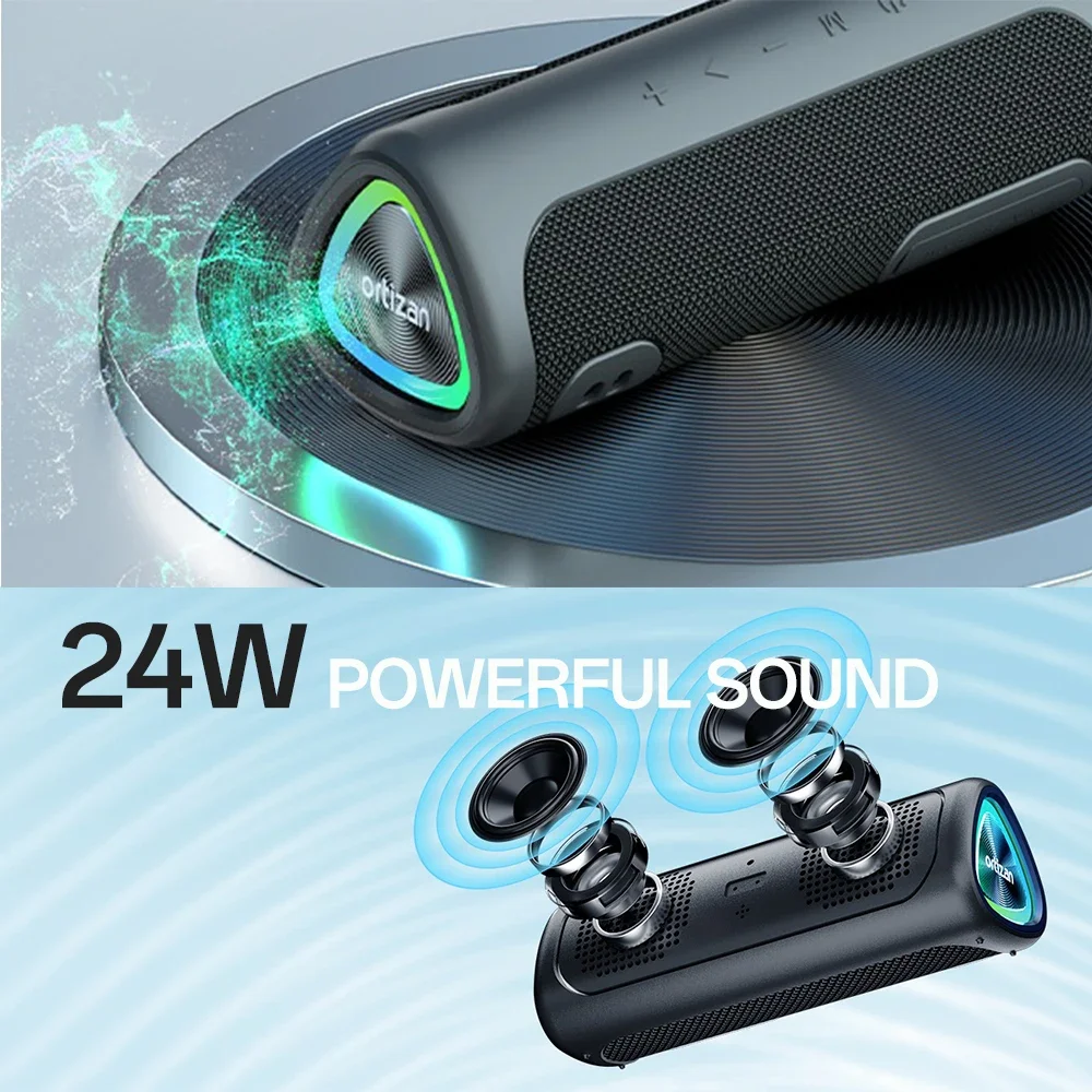 Ortizan Portable Bluetooth Speaker with 24W HD Sound, Speakers Bluetooth Wireless 5.3, AUX&TF-Card&USB Input, LED Lights, IPX7