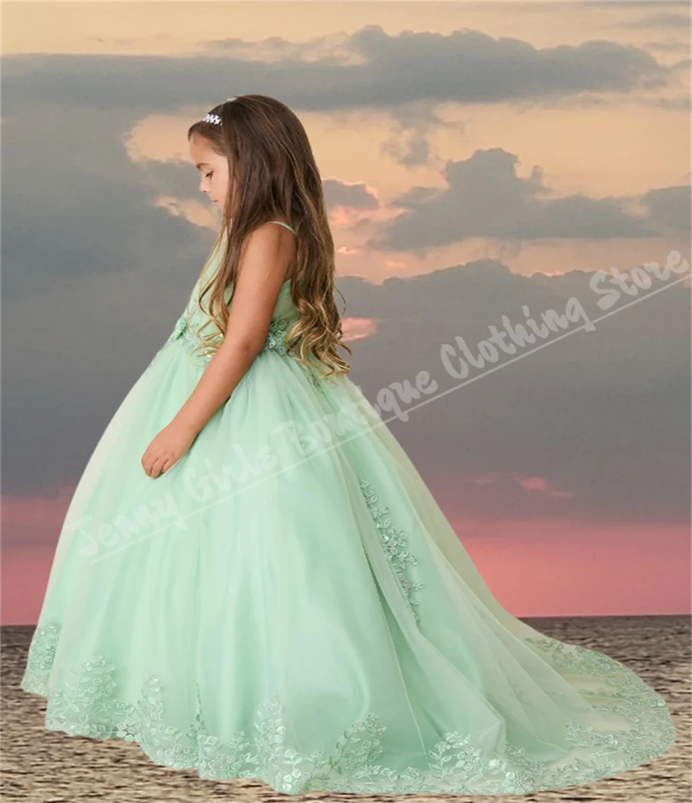 

Flower Girl Dress Fluffy Wedding Light Green Net Lace Applique Children's Birthday Party Performance Host Custom Dress