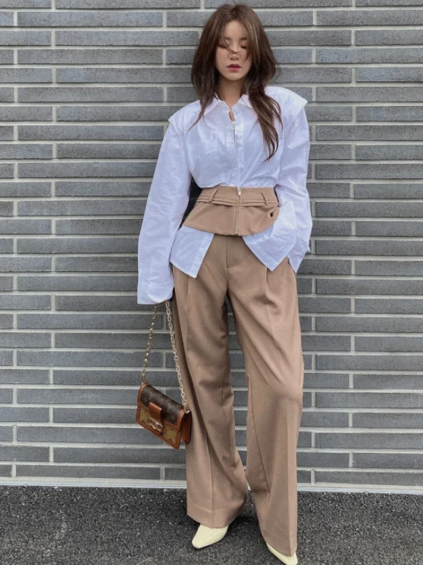 

Faionable Chic Pure Color irt Pad oulder Long Sve Turn-down Collar Waist-cinching Design Commute Sle Loose Fit