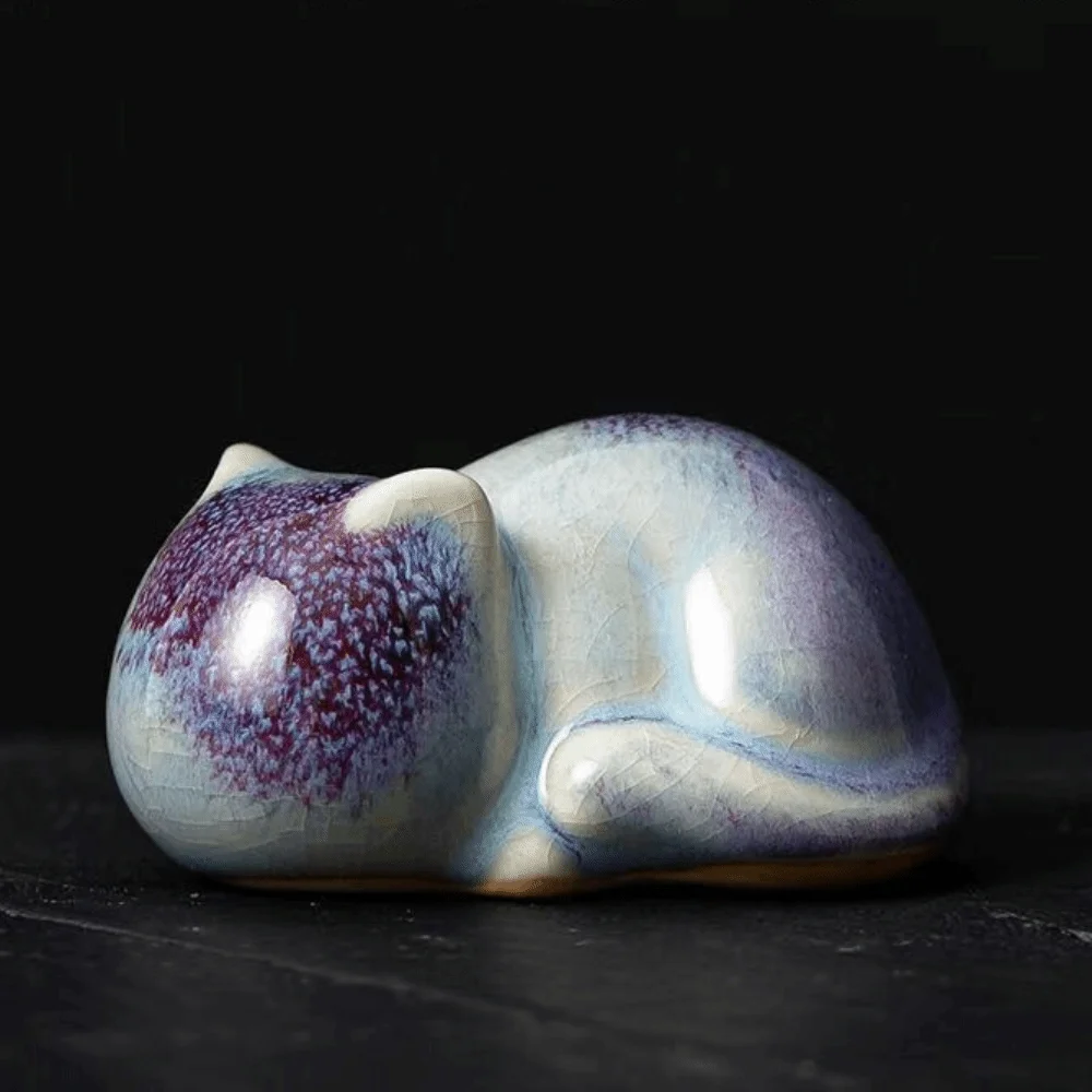 1/4 pièces Figurine de chat en céramique pour théière, Décoration de bureau, Figurine de chat paresseux pour voiture, Style chinois, Chat en porcelaine Jun pour théière