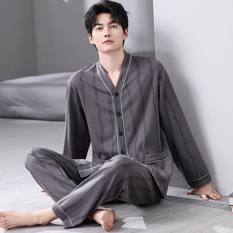 Autumn V-Neck Pyjamas Male Pajamas Set Fashion Geometry Print Japanese Kimonos For Men Big Yards 4XL Cotton Yukata Robes Set