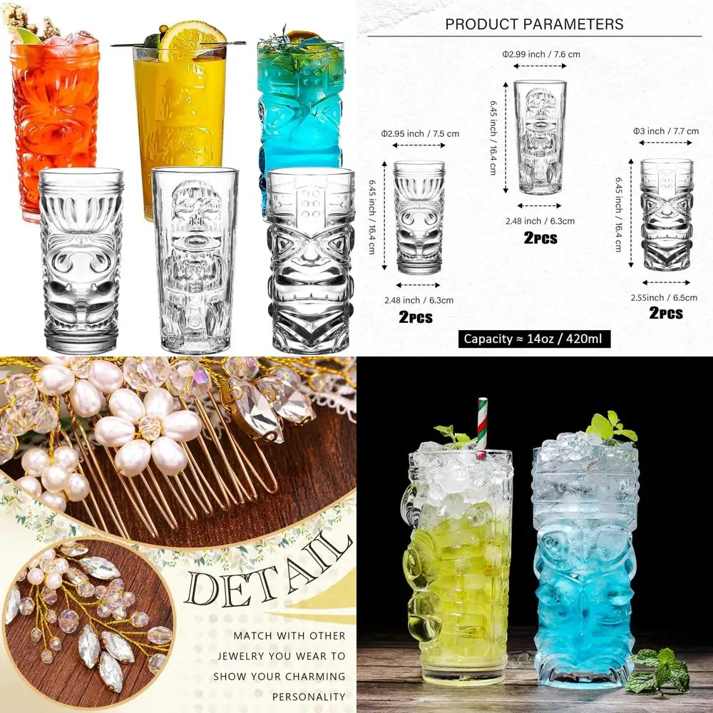 

Tiki Glasses Set of 6 - 14 Oz Highball Glasses for Cocktails - Modern Clear Tropical Cups Tumbler Set - Mixed Drinking Glass for