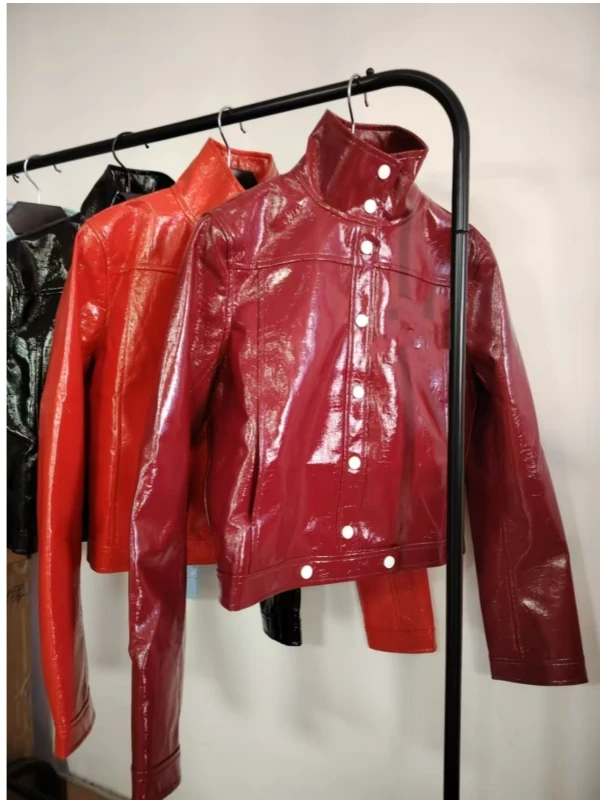 Jaet in pelle da donna di lusso trapuntata colletto alla coreana Biker ort Cappotto Street Sle Zipper Slim Fit lungo Sve Capispalla primaverile