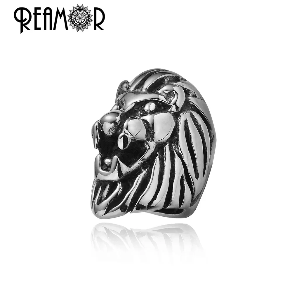 REAMOR الرجال اليدوية جلد طبيعي مضفر سوار 316L الفولاذ المقاوم للصدأ الأسد رئيس الإناث سوار المجوهرات العصرية #2