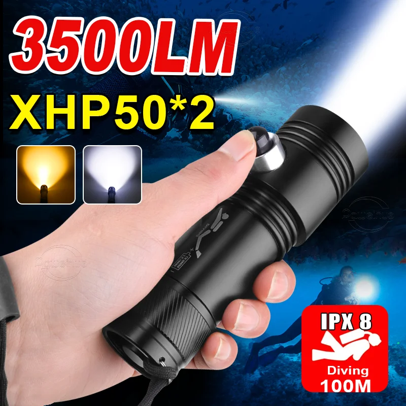 

XHP50 High Power LED Diving Flashlights Waterproof Dive Torch IPX8 Professional Diving Light 18650 Flashlight With Hand Rope