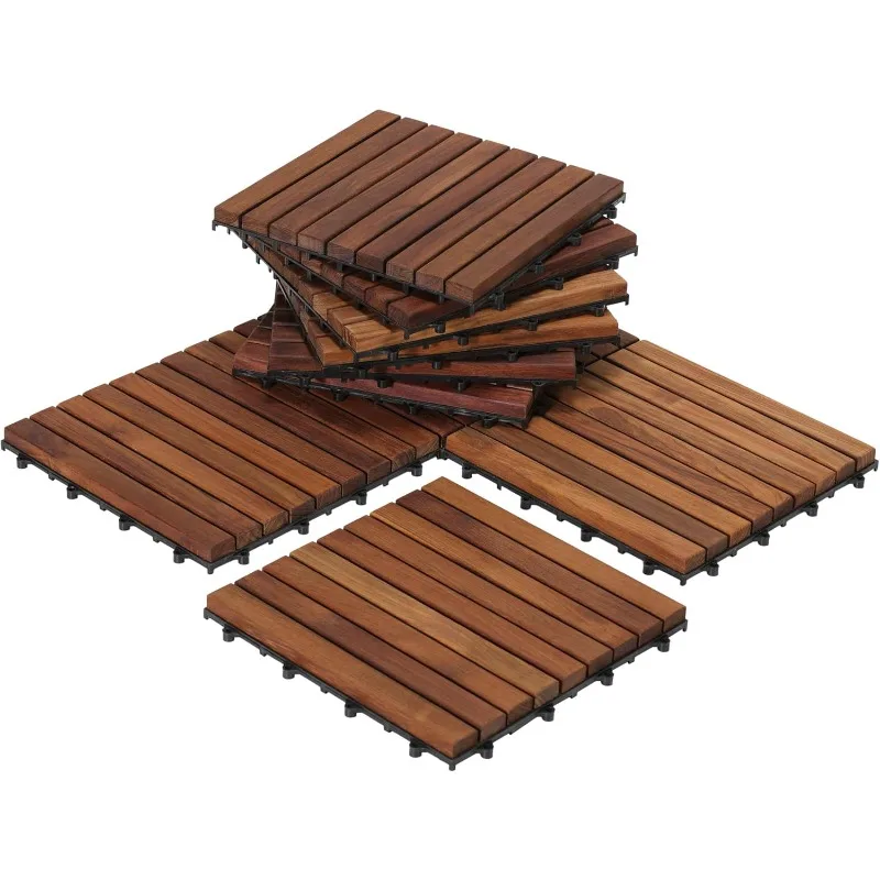 Floor Interlocking Flooring Tiles in Solid Teak Wood Oiled Finish (Set of 10), Long 9 Slat