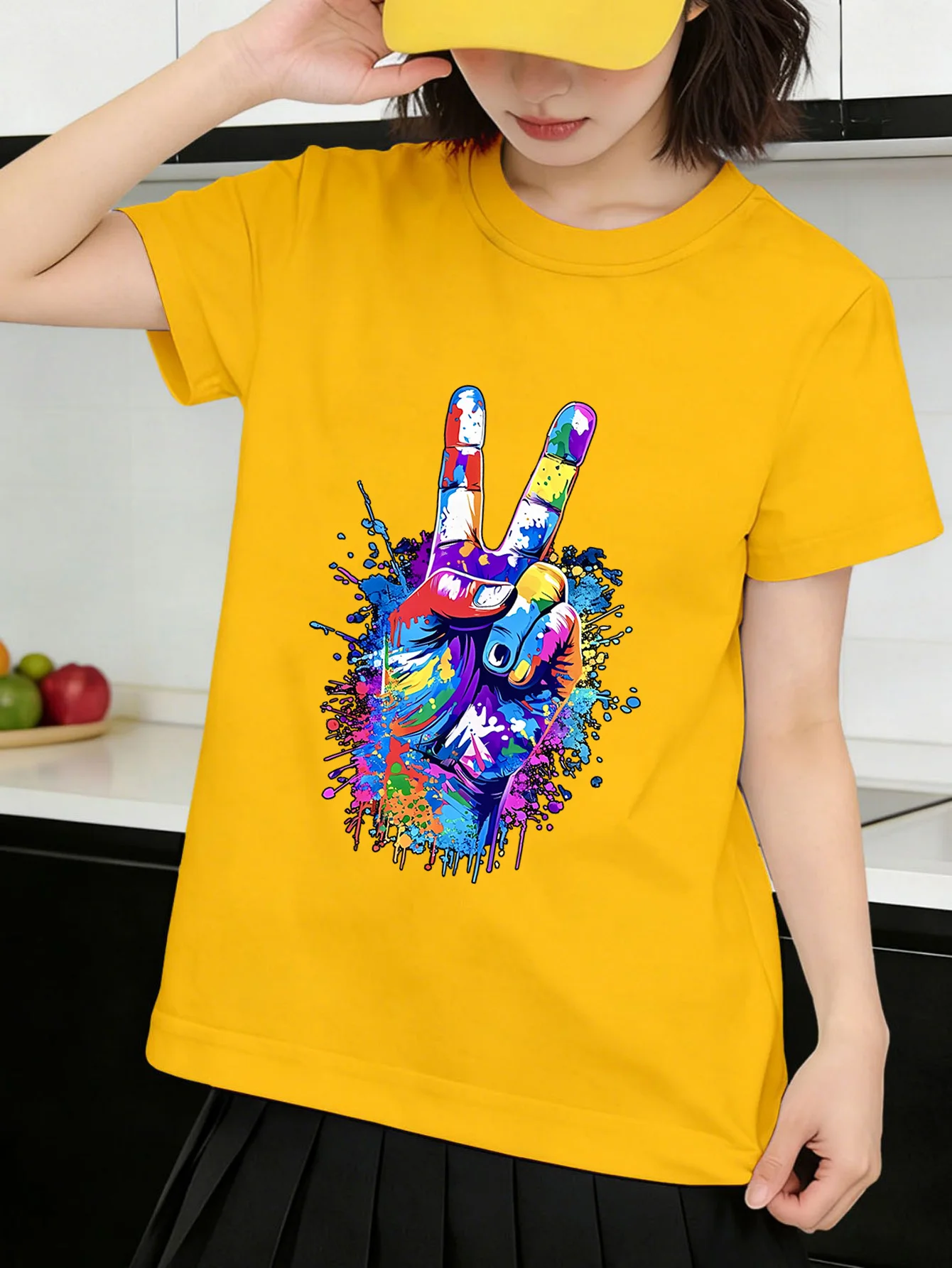 Parent Child T Shirt Rainbow Paint Victory Hand Graphic Boys Girls Breathable Short Sleeve Street Art Fashion Daily Casual Tee