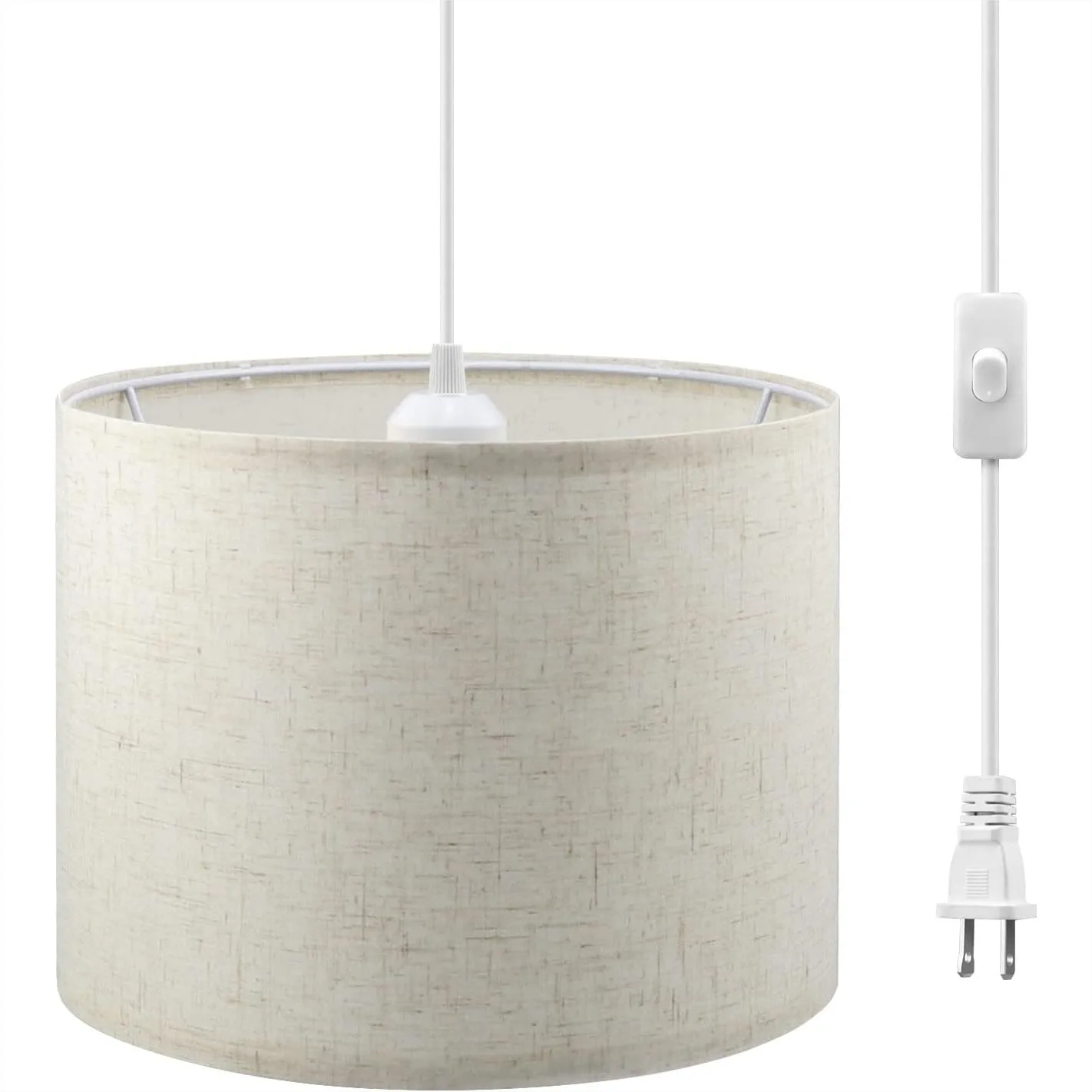 

Plug in Pendant Light with 15ft Cord and Switch, Fabric Shade Hanging Lamp for Living Room Bedroom Dining Room Kitchen, Beige